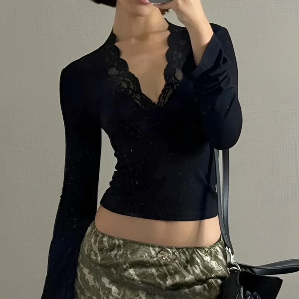 NWOT: Lace Trim V-Neck T-Shirt - Picture 2 of 4